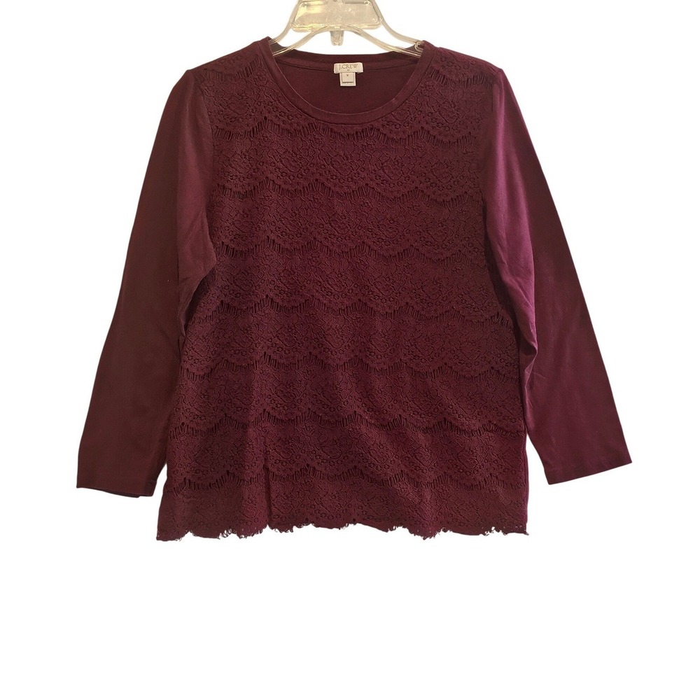 J Crew Burgundy Lace Overlay Long Sleeve Top Women's Size M